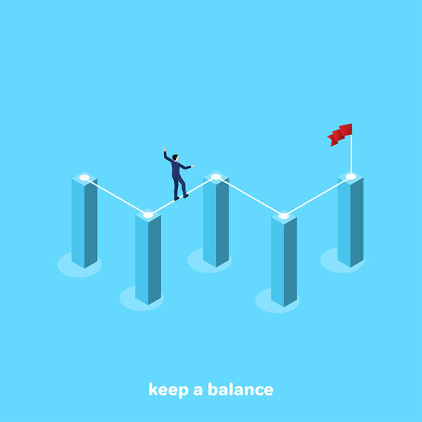 a man in a business suit walks along the rope stretched between the pillars of the chart, an isometric image