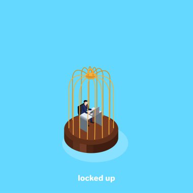 a man in a business suit sits at a desk in a golden cage, an isometric image clipart