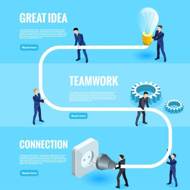 İzometrik görüntü, takım elbiseli adamlar bir takım halinde çalışıyorlar, prize bir ampul bağlıyorlar, inişin tasarımını yapıyorlar.