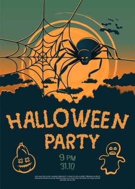 Cadılar Bayramı kutlamaları için kapak tasarımı ya da broşürler, gün batımında ağda dolaşan şeytani örümcek.