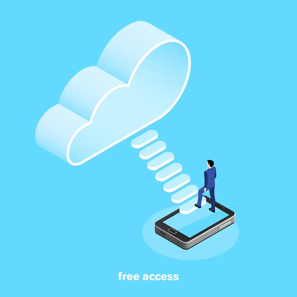 Isometric Image Man Business Suit Climbs Steps Smartphone Cloud — Stock Vector