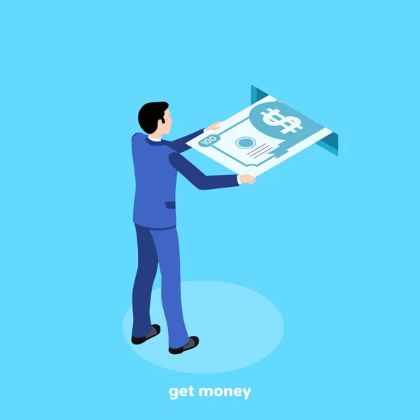 isometric image, a man in a business suit pushes a money bill out of a rectangular hole