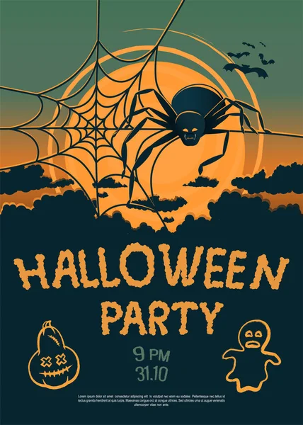 Diseño Portada Folletos Para Celebración Halloween Araña Malvada Web Atardecer — Vector de stock