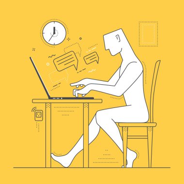 Sarı arkaplanda vektör doğrusal görüntü, masada oturan ve dizüstü bilgisayarda çalışan bir adam, internet ve iş yazışmalarında sohbet ediyor.