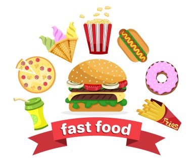 Bir dizi düz çizgi film fast food ikonu.