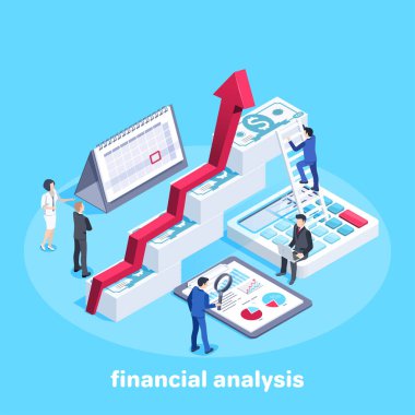 Mavi arkaplandaki izometrik vektör görüntüsü, takım elbiseli insanlar ve para yığınlarının, takvimin ve hesap makinesinin üzerinde dokümanlarla ilgilenen bir ok, finans uzmanlarından oluşan bir ekipte çalışıyor.