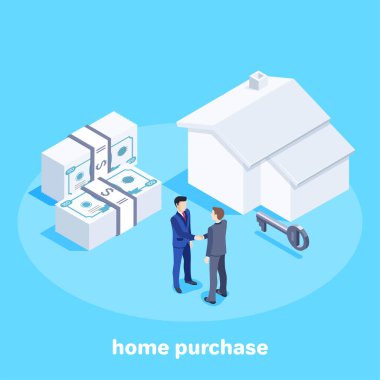 Mavi arka planda Isometric vektör imajı, iş elbiseli adamlar bir anlaşma yaptıktan sonra el sıkışma, konut satmak veya kiralama