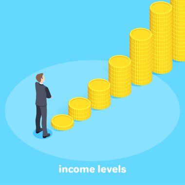 Çıplak arkaplandaki Isometric vektör görüntüsü. Takım elbiseli bir adam yükselen bir tablo gibi duruyor madeni paralar, finansal büyüme, gelir seviyeleri