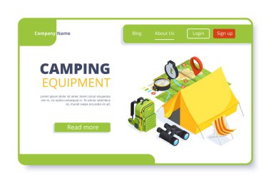 Beyaz zemin üzerinde izometrik vektör görüntüsü, bir web sitesi için iniş sayfası olarak inme, kamp ve açık hava eğlencesi için şeyler
