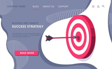 Beyaz arkaplandaki izometrik vektör görüntüsü, bir web sitesi için iniş sayfası, merkezden çıkmış bir ok ile kırmızı hedef, iş başarısı