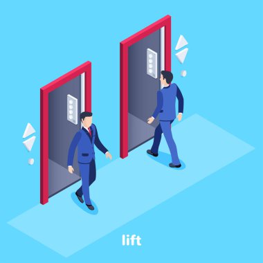 Mavi arkaplandaki Isometric vektör görüntüsü, iş elbisesi giymiş bir adam asansöre biner ve diğeri de ofisteki asansöre biner.