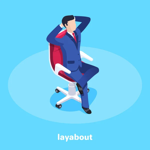 Izometrický Obraz Modrém Pozadí Muž Obchodním Obleku Sedí Židli Odpočinek — Stockový vektor