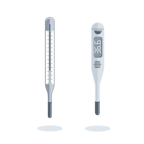 Vektor Flachsymbole Auf Weißem Hintergrund Quecksilberthermometer Und Elektronik Für Die — Stockvektor