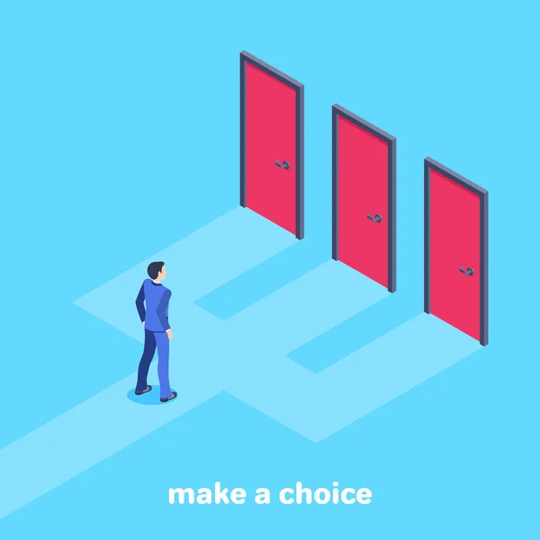 青い背景にアイソメトリックベクトル画像 ビジネススーツの男は選択に直面しています から選択する3つのオプションとして3つのドア — ストックベクタ