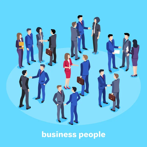 Isometrische Vectorafbeelding Blauwe Achtergrond Mensen Business Pakken Gesprek Zakelijke Bijeenkomst — Stockvector
