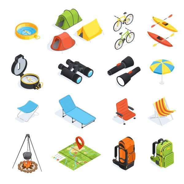 白色背景上的等距矢量图像 一组关于露营和旅游主题的元素 背包和自行车 — 图库矢量图片