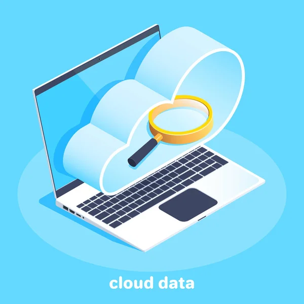 Isometric Vector Image Blue Background Business Laptop Cloud Screen Magnifying — Stock Vector