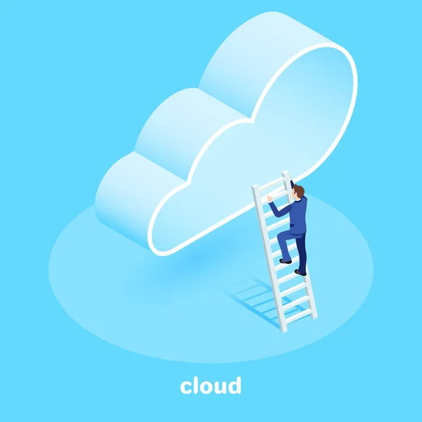 Isometric Vector Image Blue Background Man Business Suit Climbs Cloud — Stock Vector