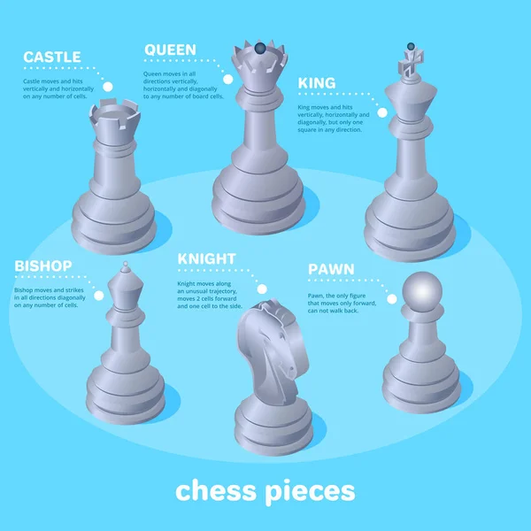 Isometrisches Vektorbild Auf Blauem Hintergrund Schachfiguren Und Ihre Namen Schachschule — Stockvektor