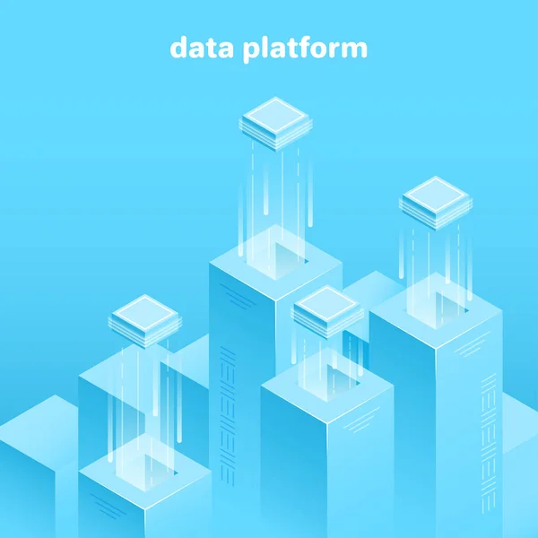 Isometrisches Vektorbild Auf Blauem Hintergrund Datenplattform Bestehend Aus Rechtecken Und — Stockvektor