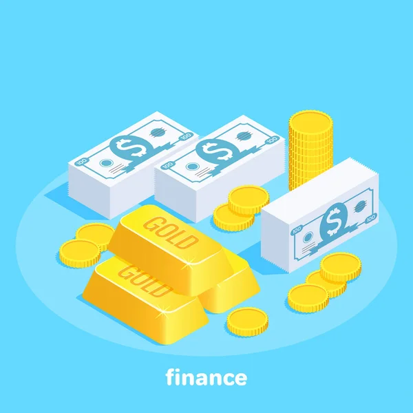 Immagine Vettoriale Isometrica Sfondo Blu Una Serie Banconote Oro Monete — Vettoriale Stock
