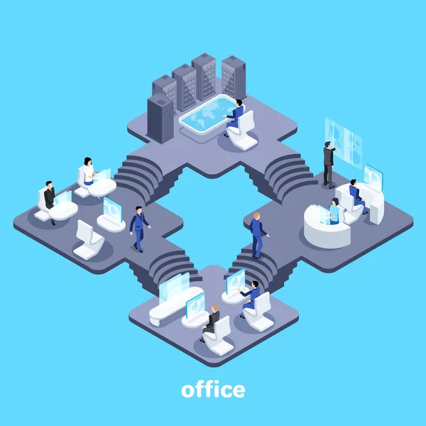 Izometrický Vektorový Obraz Modrém Pozadí Lidé Obchodních Oblecích Pracují Kanceláři — Stockový vektor