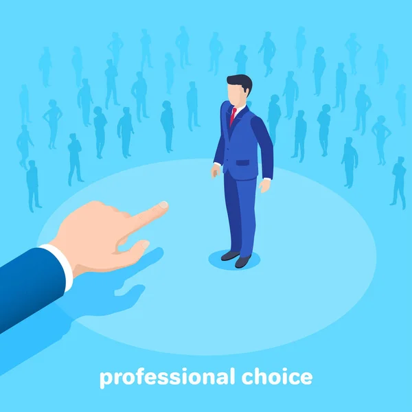 青い背景にアイソメトリックベクトルの画像ビジネススーツの男は他の男を指し仕事のための競争力のある選択ポジションへの任命 — ストックベクタ