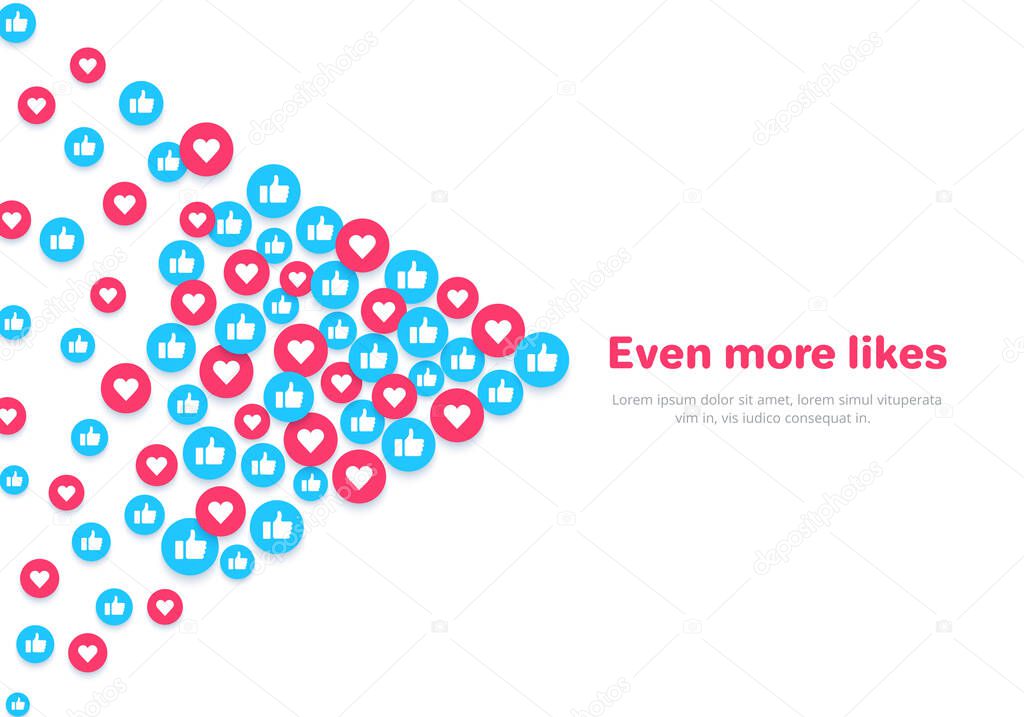 Flat image on a white background, round icons with likes and hearts, social networks and the Internet