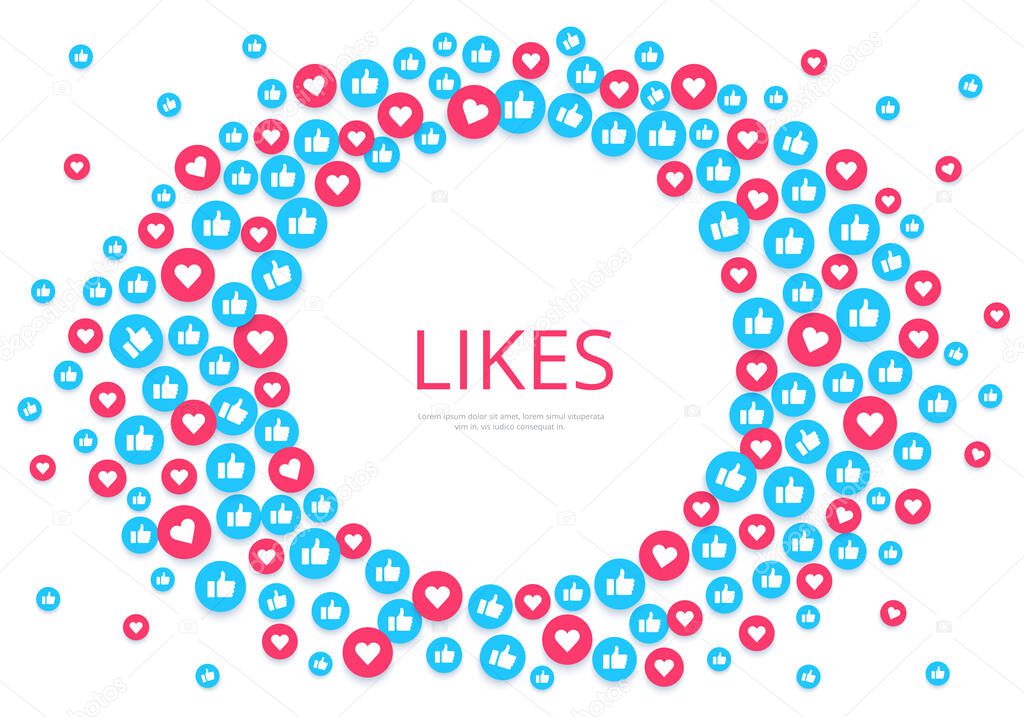 Flat image on a white background, round icons with likes and hearts, social networks and the Internet