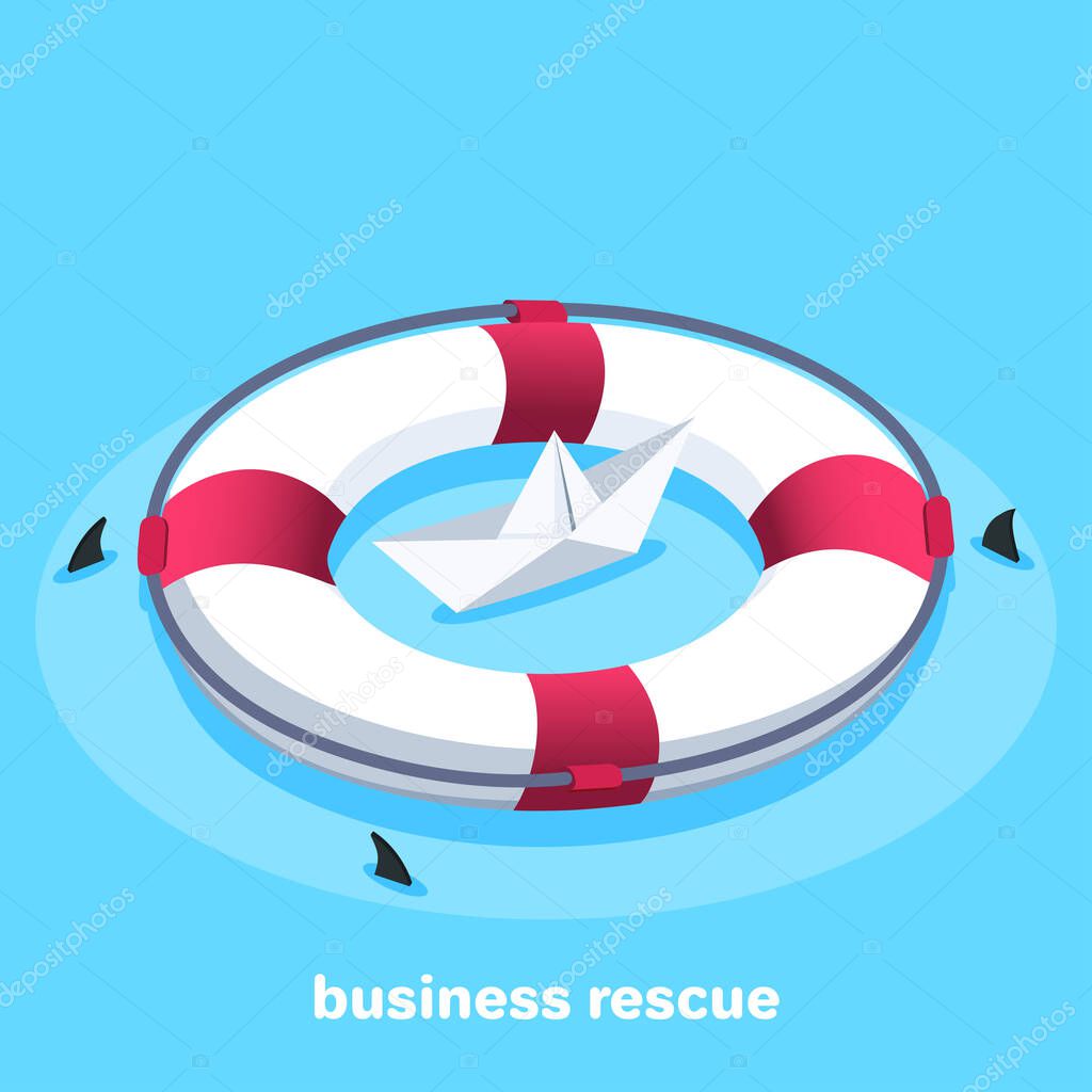 isometric vector image on a bare background, lifebuoy and a paper boat, business protection and rescue