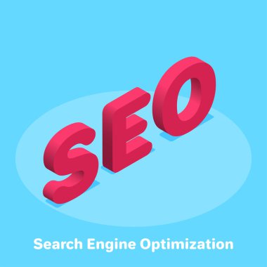 Mavi arkaplandaki izometrik vektör resmi, SEO kırmızı kelimesi, iş konsepti simgesi, Arama Motoru İyimsemesi