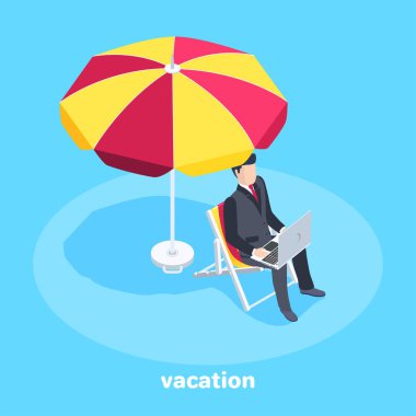 Mavi arkaplandaki izometrik vektör görüntüsü, dizüstü bilgisayarın arkasında çalışan bir adam şemsiyenin altında oturuyor, tatilde veya seyahatte.