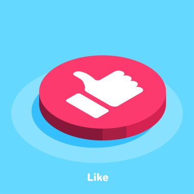 isometric vector image on a blue background, like icon, hand with a raised finger in the red circle for social networks clipart