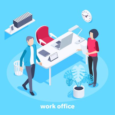 Mavi arka planda izometrik vektör görüntüsü, ofiste bir erkek ve bir kadın, büyük bir ofis masası, kitaplarla dolu bir raf ve saksıda bir çiçek.