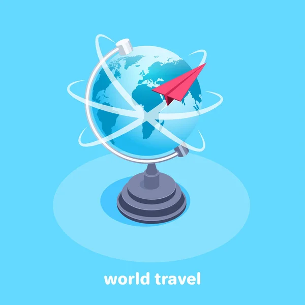 青い背景のアイソメトリックベクトル画像 大きな地球のアイコンとそれの周りを飛ぶ赤い紙飛行機 フライトのための観光地 — ストックベクタ