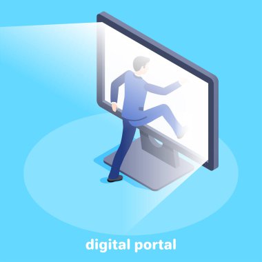 Mavi arkaplandaki Isometric vektör görüntüsü, takım elbiseli bir adam parlayan bir bilgisayar ekranına, dijital bir portala ve internete giriyor.