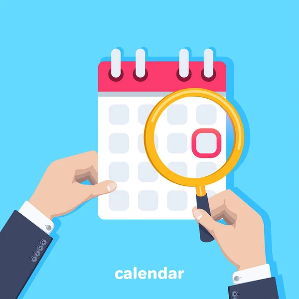 蓝色背景上的平面矢量图像 一个穿着西装的男人拿着日历和放大镜 这是历法中的一个重要日期 — 图库矢量图片