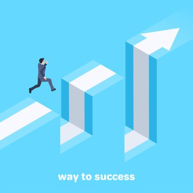isometric vector image on a blue background, a man in a business suit jumps over failure, movement to success clipart