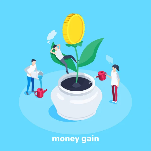 青い背景のアイソメトリックベクトル画像 男性と女性は花のポットでお金の木を成長させます 成功のためのチームワーク — ストックベクタ