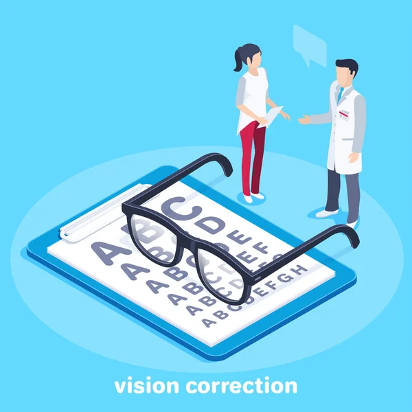蓝色背景上的等距矢量图像 平板上的眼镜和视光师与病人在一起 视力检查和治疗 — 图库矢量图片