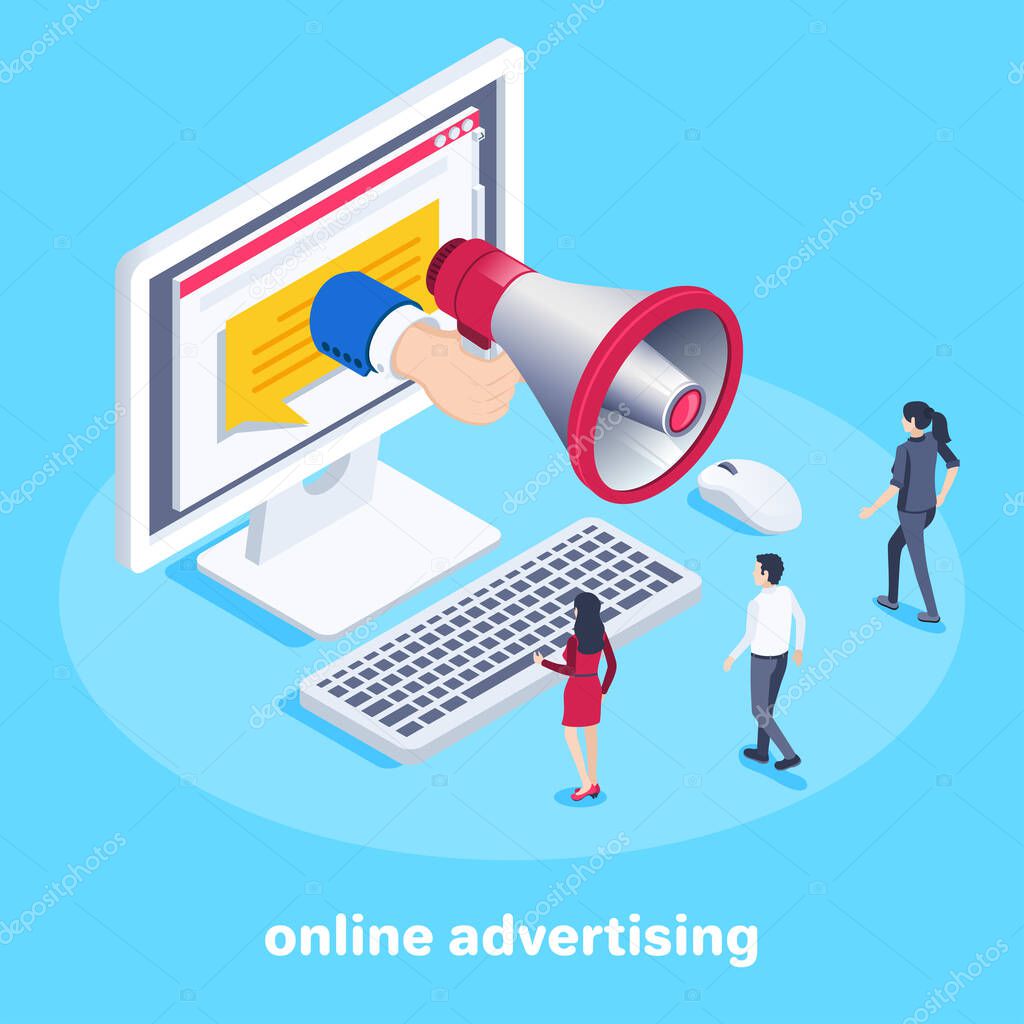 isometric vector image on a blue background, a loudspeaker in hand from a computer screen, customer acquisition and internet marketing