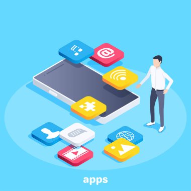 Mavi arkaplanda izometrik vektör resmi, bir adam akıllı telefon ve uygulama simgelerinin yanında duruyor