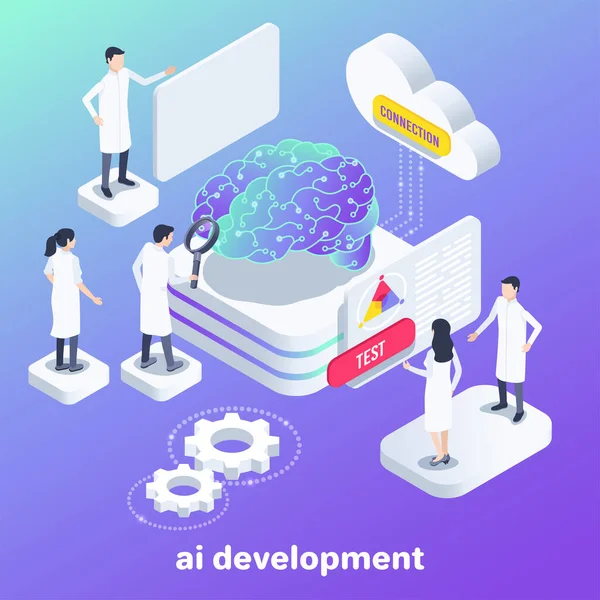 Imagen Vectorial Isométrica Sobre Fondo Púrpura Personas Laboratorio Trabajan Con — Archivo Imágenes Vectoriales