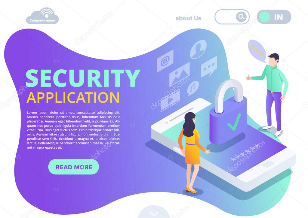 isometric vector image on a white background, a landing design on the theme of security application, a man and a woman are standing near a smartphone on the screen of which there is a lock, data protection