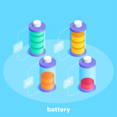 isometric vector image on a blue background, a set of batteries icons with different charges clipart