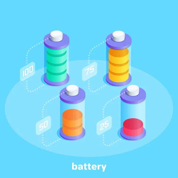 蓝色背景上的等距矢量图像 一组具有不同电荷的电池图标 — 图库矢量图片