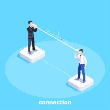 Mavi arkaplandaki izometrik vektör görüntüsü, iş elbiseli adamlar uzaktan konuşmak için ev yapımı bir araç kullanıyorlar, iletişim kuruyorlar.