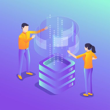 Beyaz arka plan, yenilikçi iletişim teknolojileri ve veri bankasına iniş şeklinde izometrik vektör görüntüsü, bir erkek ve bir kadın veri sunucusuyla çalışıyorlar