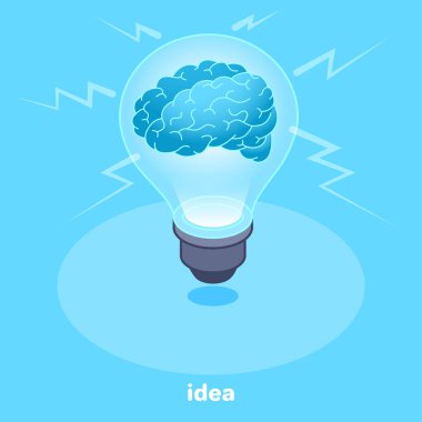 Mavi arkaplanda izometrik vektör görüntüsü, ampulün içindeki beyin, fikirlerin üreticisi.