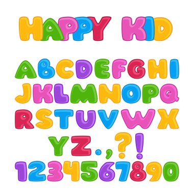 Beyaz arkaplandaki düz vektör resmi, İngiliz alfabesinin bir dizi harfi, kabarık harfleri ve numaraları olan çocukça bir yazı tipi.